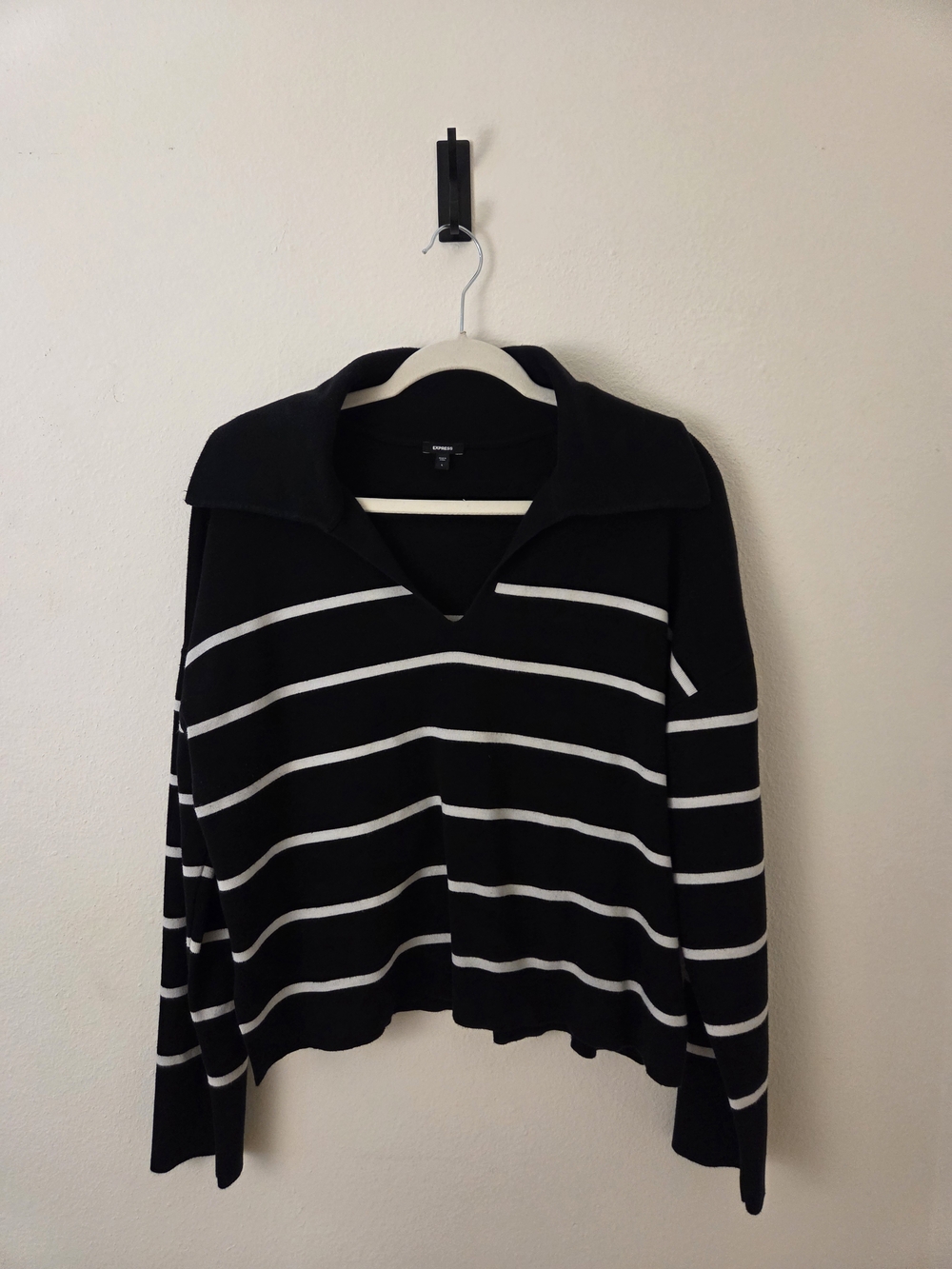Express Black & White Striped Collared V-Neck Sweater